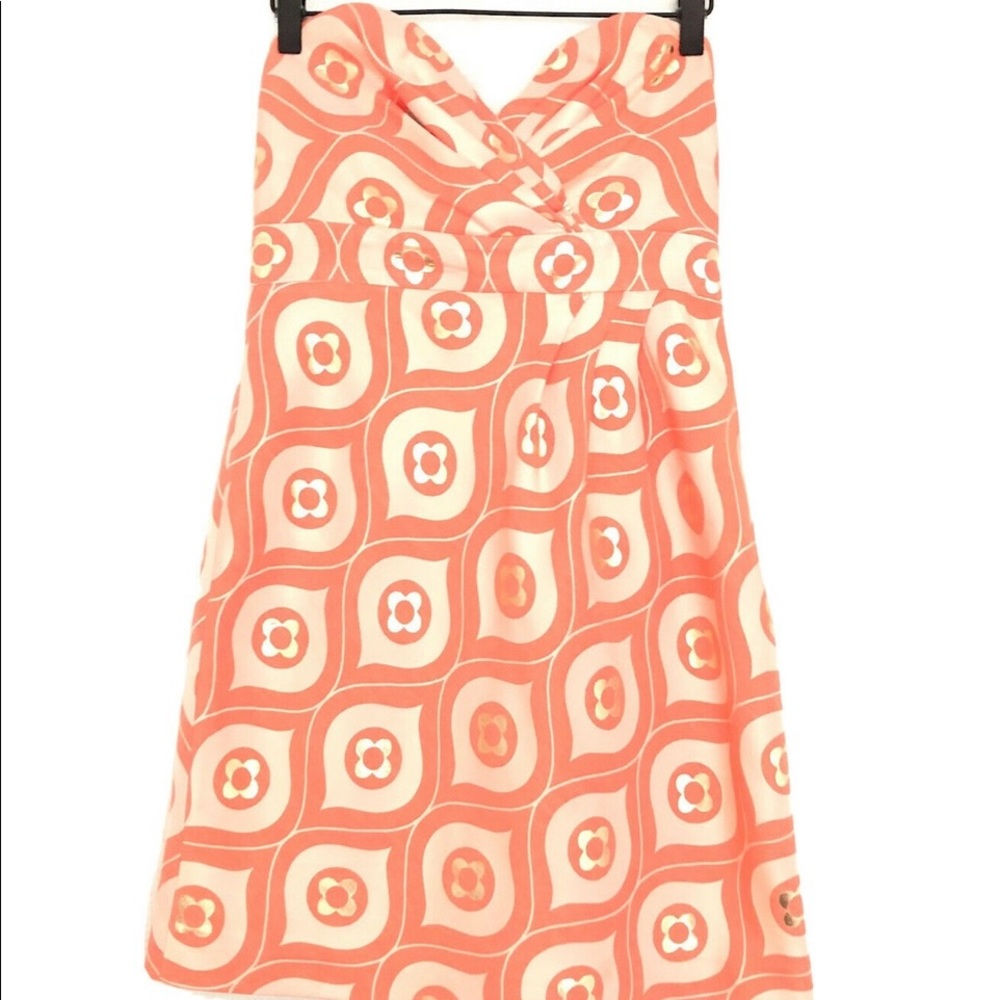 Tibi short cocktail dress, size 2, coral peach/gold/tan, strapless mini